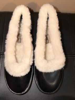 Luvette Cream-Trim Black Faux-Fur Slip-On Slippers